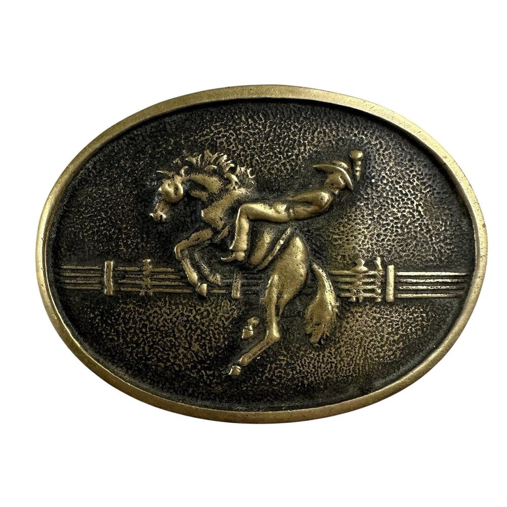 Vintage Rodeo Belt Buckle Solid Brass BTS‎ Bronco 1978 Cowboy 3.5 x 2.5 USA Made